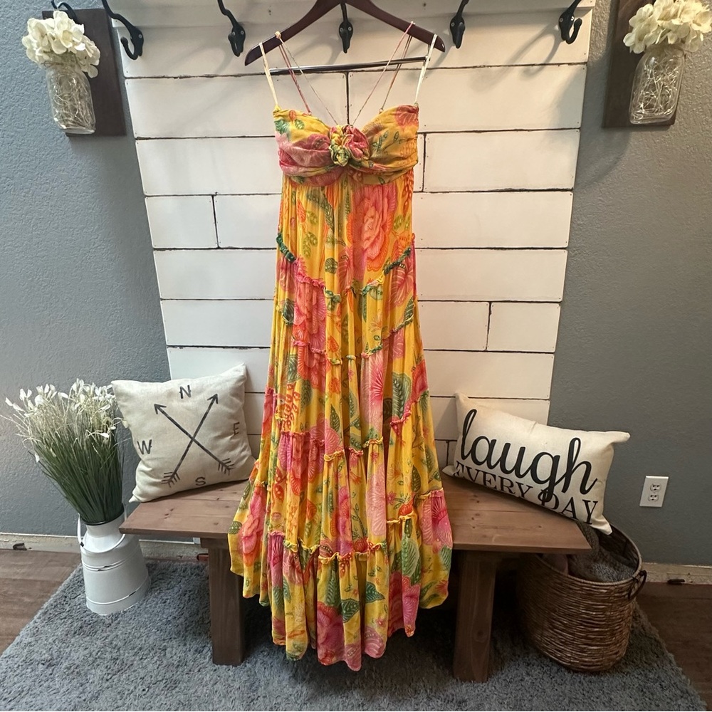 FARM Rio Macaw Bloom Yellow Tiered Maxi Dress Size M